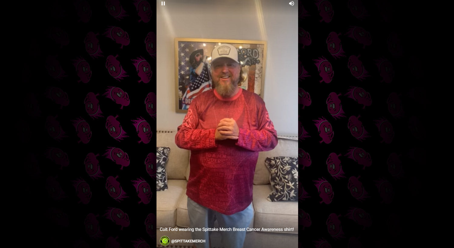 Load video: Colt Ford wearing the SP!TTAKE MERCH Breast Cancer Awareness long sleeve shirt
