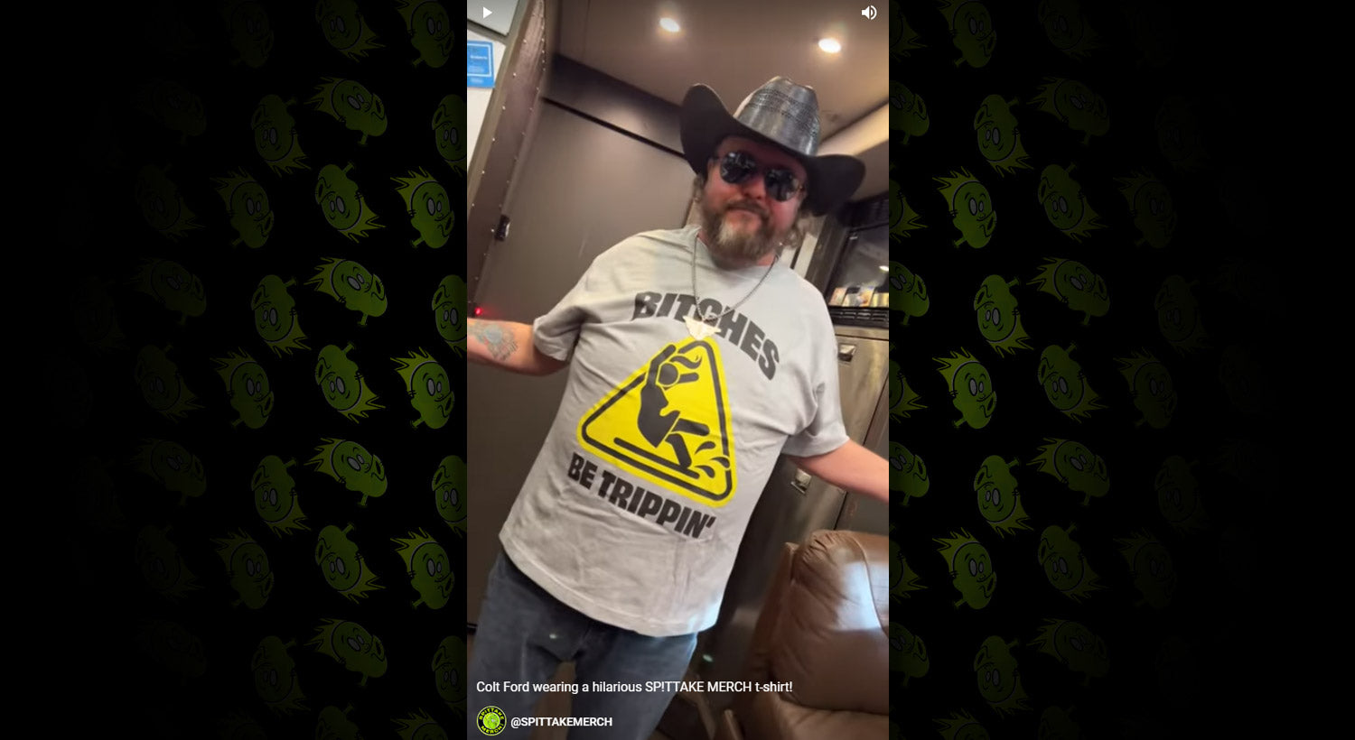 Load video: Colt Ford wearing the hilarious Bitches Be Trippin&#39; t-shirt by SP!TTAKE MERCH.